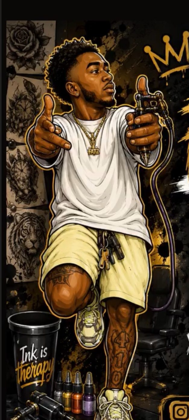 Stylized portrait of tattoo artist Fatz holding a tattoo machine