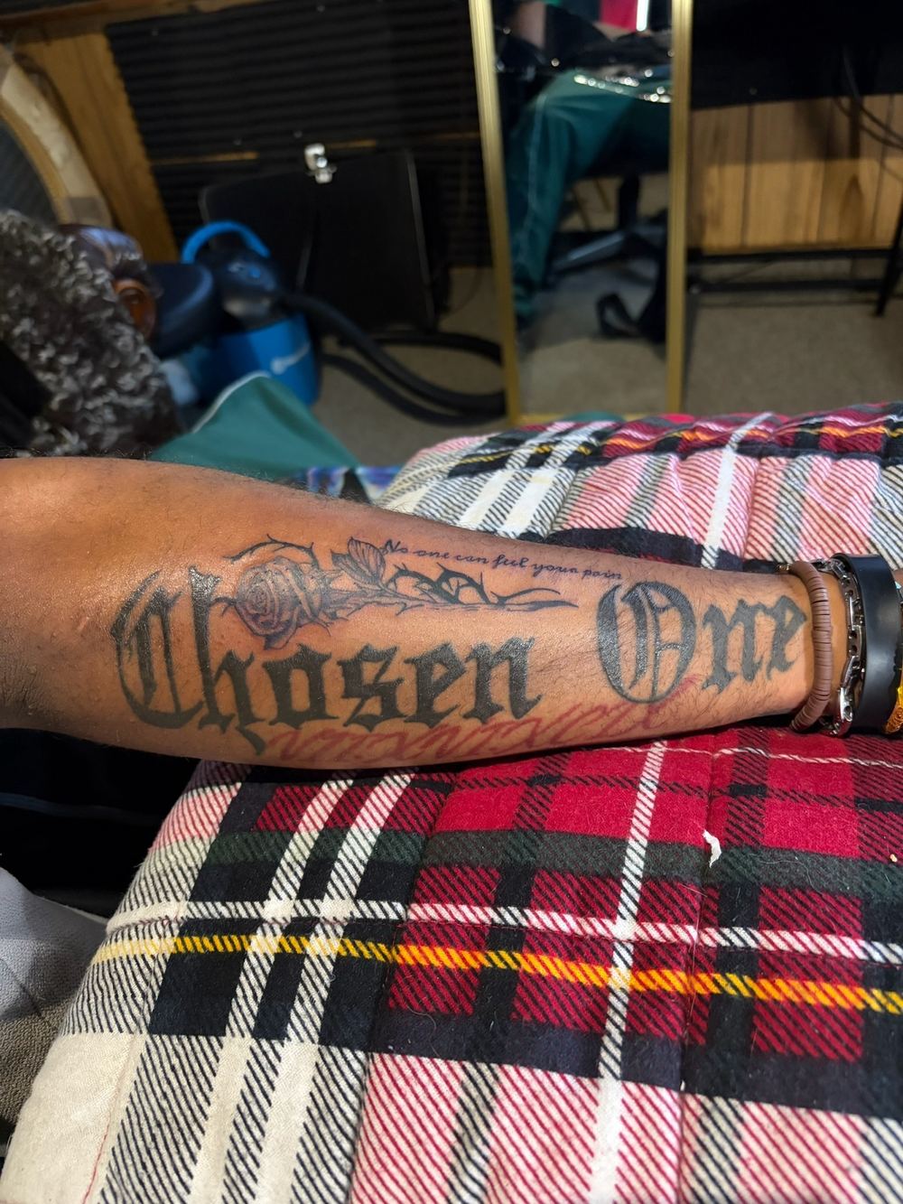 Chosen One lettering with rose fine line forearm tattoo